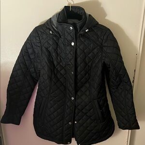 Jones New York Black Puffer Jacket with Quilted Design and Full-Length Zipper